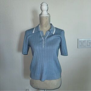 Adrianna Papell Sky Blue Pointelle Polo Sweater S Knit Top